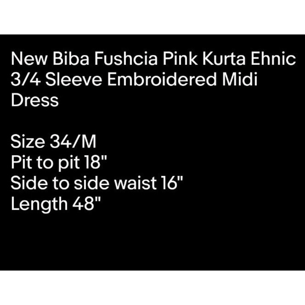 New Biba Fushcia Pink Kurta Ehnic 3/4 Sleeve Embroidered Midi Dress 34/M - Picture 9 of 9